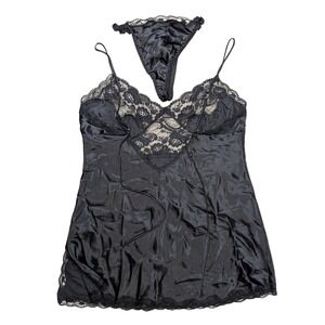 Premier Collection Women's Large Black Satin Slip Dress & Panty Set
